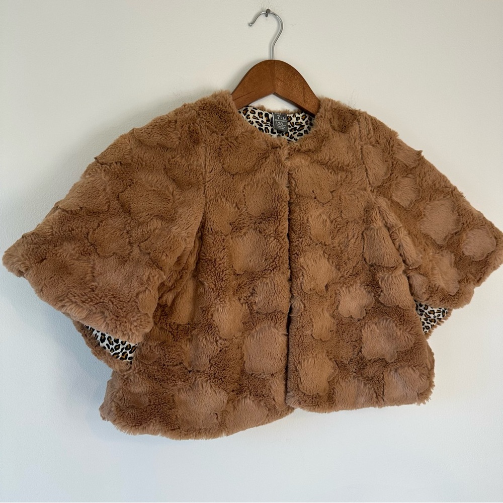 Zara Kids Cotton Furry Teddy Bear Cape Capelet Cheetah Leopard Lined, size 7-8 - Picture 2 of 16